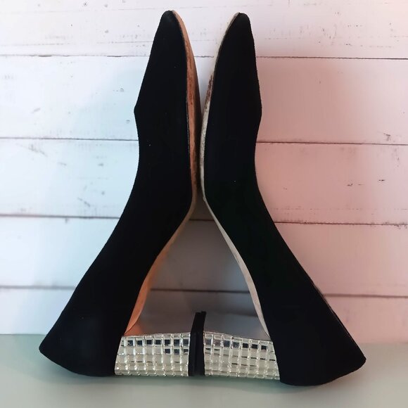 EUC💥KATE SPADE ITALY Stunning Black Velvet & Crystal Block Heels Size 9.5 - Picture 6 of 8